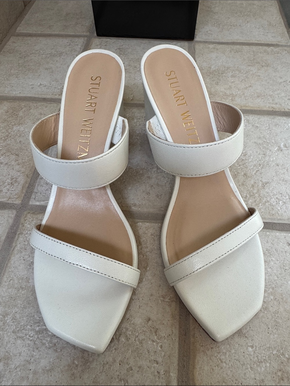 Stuart Weitzman White Double-Strap Slide Mules Size 8
